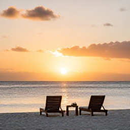 Caribbean Holidays, October Wellness, Peaceful sunset over a small Caribbean island in the Grenadines, two comfortable loungers on a quiet beach
