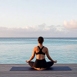 Caribbean Holidays, October Wellness, Person doing gentle yoga on a wooden deck overlooking a calm turquoise sea in Turks and Caicos, early morning tropical setting
