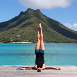 Caribbean Holidays, October Wellness, Person doing gentle yoga on a wooden deck overlooking a green tropical hillside and turquoise Caribbean water in the United States Virgin Islands