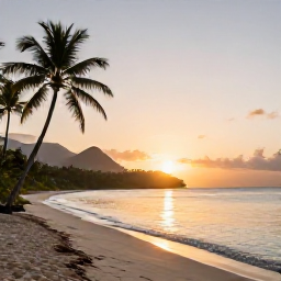 Caribbean Holidays, October Wellness, Quiet Caribbean beach in the United States Virgin Islands at sunrise in October, soft golden light, calm turquoise water and a few palm trees