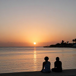Caribbean Holidays, October Wellness, Quiet sunset over a Caribbean bay in Sint Maarten, couple sitting near the water, warm orange sky and peaceful evening atmosphere