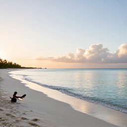 Caribbean Holidays, October Wellness, Quiet white-sand beach in Turks and Caicos at sunrise, calm turquoise water, soft morning light, peaceful wellness holiday atmosphere