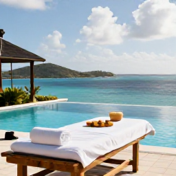 Caribbean Holidays, October Wellness, Wellness treatment beside an infinity pool overlooking the Caribbean Sea on St Thomas, United States Virgin Islands, natural materials and tranquil atmosphere