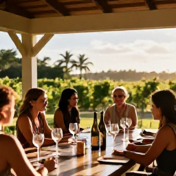 Caribbean Holidays, October Wine Holidays, A relaxed vineyard tasting room in warm October sunshine, with wine glasses, local bottles and tropical Caribbean scenery