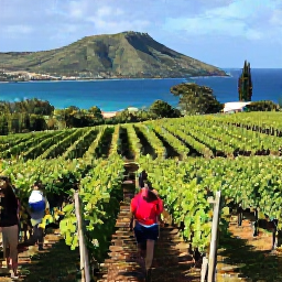 Caribbean Holidays, October Wine Holidays, A scenic Caribbean vineyard overlooking blue sea and rolling green hills, with visitors walking between vines in October