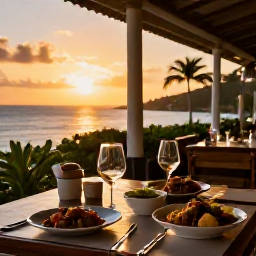 Caribbean Holidays, October Wine Holidays, An intimate Caribbean restaurant terrace at sunset, with local dishes, wine glasses and views across the sea