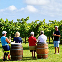 Caribbean Holidays, October Wine Holidays, Visitors enjoying a guided wine tasting beside a Caribbean vineyard, with barrels, green vines and a knowledgeable local host
