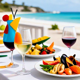 Caribbean Holidays, October Wine Tasting, Colourful wine tasting table with Caribbean seafood, tropical fruit and elegant glasses on St Thomas