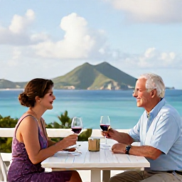 Caribbean Holidays, October Wine Tasting, Couple enjoying an October wine tasting holiday in the United States Virgin Islands with ocean views