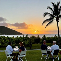 Caribbean Holidays, October Wine Tasting, Visitors enjoying a relaxed vineyard-style wine event at sunset near Gustavia, Saint Barth&eacute;lemy, with palms and the sea in the background