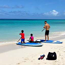 Caribbean Holidays, Paddleboarding Caribbean, A family learning paddleboarding skills on a sandy Caribbean beach with boards and safety equipment