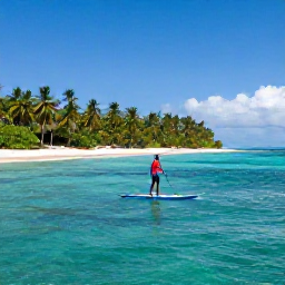 Caribbean Holidays, Paddleboarding Caribbean, A traveller standing on a paddleboard in calm turquoise Caribbean water beside a green tropical coastline