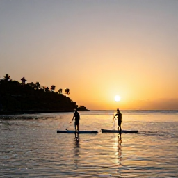 Caribbean Holidays, Paddleboarding Caribbean, Paddleboarders watching the sunset over a Caribbean bay with warm golden light and calm water