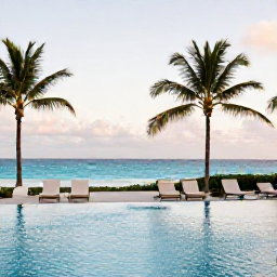 Caribbean Holidays, Poolside Relaxation, A calm Caribbean resort swimming pool beside palm trees, comfortable sun loungers, soft morning light and turquoise water