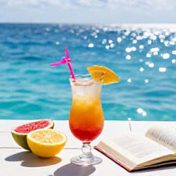 Caribbean Holidays, Poolside Relaxation, A refreshing tropical drink, fresh fruit and a book on a Caribbean poolside table beside sparkling blue water