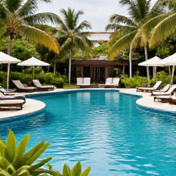 Caribbean Holidays, Poolside Relaxation, A serene Caribbean hotel pool surrounded by tropical gardens, with comfortable loungers and inviting turquoise water
