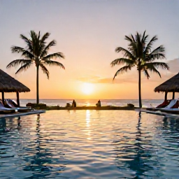 Caribbean Holidays, Poolside Relaxation, A tranquil Caribbean resort pool at sunset, with glowing water, palm silhouettes and relaxed guests enjoying the evening