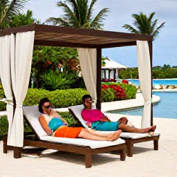 Caribbean Holidays, Poolside Relaxation, An adult couple relaxing on Caribbean poolside loungers under a shaded cabana, with tropical greenery and a calm resort pool