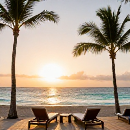 Caribbean Holidays, Puerto Rico Adults Only, A stylish adults-only beachfront resort in Puerto Rico at sunset, with palm trees, calm turquoise sea and comfortable loungers