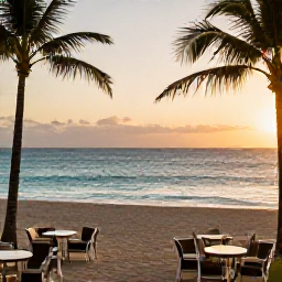 Caribbean Holidays, Puerto Rico Adults Only, Adults-only beachfront resort in Puerto Rico at sunset, calm turquoise sea, palm trees and elegant outdoor seating