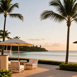 Caribbean Holidays, Puerto Rico Adults Only, Adults-only resort beside a calm Caribbean beach in Puerto Rico, warm May sunshine, palm trees and elegant outdoor seating
