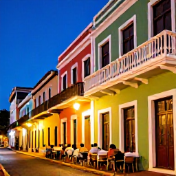 Caribbean Holidays, Puerto Rico Adults Only, Colourful evening street in Old San Juan, Puerto Rico, with colonial buildings, balconies, warm lights and people enjoying local restaurants