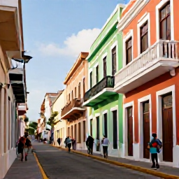 Caribbean Holidays, Puerto Rico Adults Only, Colourful Old San Juan street in Puerto Rico with Spanish colonial buildings, balconies and visitors exploring in warm daylight