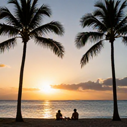 Caribbean Holidays, Puerto Rico Adults Only, Couple relaxing on a Puerto Rico beach at sunset, with palm silhouettes, calm sea and soft golden sky