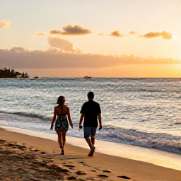 Caribbean Holidays, Puerto Rico Adults Only, Couple walking along a golden Puerto Rican beach at sunset, calm Caribbean sea and gentle evening light