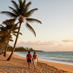 Caribbean Holidays, Puerto Rico Adults Only, Couple walking along a golden Puerto Rican beach in December, tropical palms, gentle waves and warm evening light