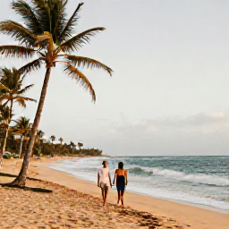 Caribbean Holidays, Puerto Rico Adults Only, Couple walking along a quiet Puerto Rican beach with palm trees, soft golden sand and gentle waves