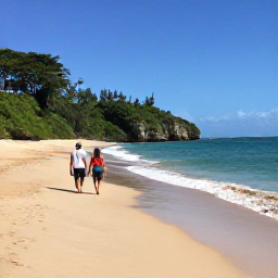 Caribbean Holidays, Puerto Rico Adults Only, Couple walking along a quiet Puerto Rico beach in August, golden sand, turquoise water and lush green coastline