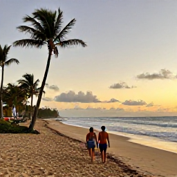 Caribbean Holidays, Puerto Rico Adults Only, Couple walking along a wide golden beach in Puerto Rico at sunset, palm trees and gentle waves
