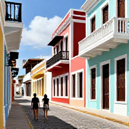 Caribbean Holidays, Puerto Rico Adults Only, Couple walking through colourful Old San Juan, Puerto Rico, cobbled street, pastel buildings, balconies and bright Caribbean sunlight