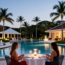 Caribbean Holidays, Puerto Rico Adults Only, Elegant adults-only resort pool in Puerto Rico at dusk, couples dining outdoors, soft lights and tropical gardens