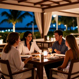 Caribbean Holidays, Puerto Rico Adults Only, Elegant adults-only resort restaurant in Puerto Rico serving dinner outdoors beneath soft lights