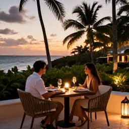 Caribbean Holidays, Puerto Rico Adults Only, Elegant adults-only restaurant in Puerto Rico at sunset, couple enjoying dinner outdoors, warm lantern light and tropical garden surroundings