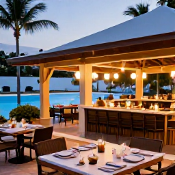 Caribbean Holidays, Puerto Rico Adults Only, Elegant outdoor restaurant at an adults-only Puerto Rico resort, serving Caribbean-inspired food beside a softly lit pool