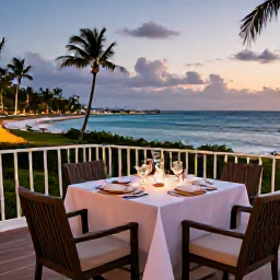 Caribbean Holidays, Puerto Rico Adults Only, Elegant Puerto Rican dinner table on a resort terrace overlooking the sea at dusk