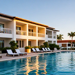 Caribbean Holidays, Puerto Rico Adults Only, Golden morning light over a stylish adults-only resort pool in Puerto Rico, loungers, tropical plants and a clear blue sky