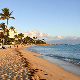 Caribbean Holidays, Puerto Rico Adults Only, Golden sandy beach near San Juan, Puerto Rico, with clear Caribbean water, palm trees and visitors walking at sunset