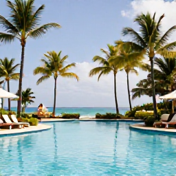 Caribbean Holidays, Puerto Rico Adults Only, Peaceful adults-only resort pool in Puerto Rico with palm trees, sun loungers and a couple enjoying a relaxed holiday