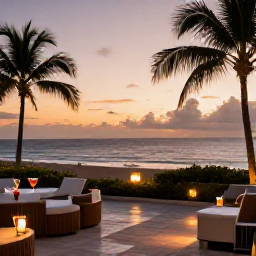 Caribbean Holidays, Puerto Rico Adults Only, Romantic Puerto Rico resort terrace at sunset with tropical cocktails, soft lighting and ocean views