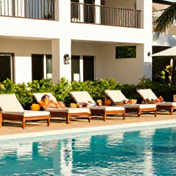 Caribbean Holidays, Puerto Rico Adults Only, Stylish adults-only resort pool in Puerto Rico with sun loungers, tropical plants and guests relaxing in warm August sunshine