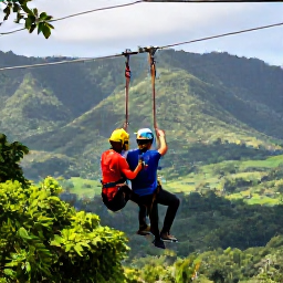 Caribbean Holidays, Puerto Rico Adventure, Adventurous visitors ziplining above a green Puerto Rican valley with mountains and tropical forest in the background