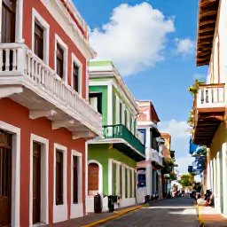 Caribbean Holidays, Puerto Rico Adventure, Colourful Old San Juan street with colonial buildings, balconies and visitors exploring in bright daytime light