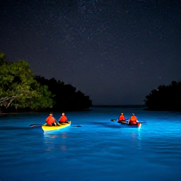 Caribbean Holidays, Puerto Rico Adventure, Kayakers paddling through the glowing bioluminescent waters of a Puerto Rico bay at night, with mangroves silhouetted against a starry sky