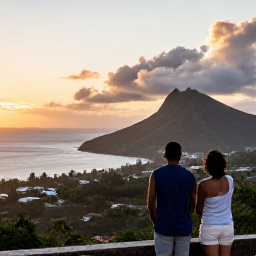 Caribbean Holidays, Puerto Rico Adventure, Travellers enjoying a sunset viewpoint over Puerto Rico&rsquo;s mountains and coastline, warm evening light and authentic island scenery