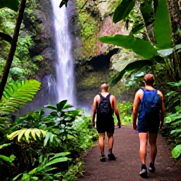 Caribbean Holidays, Puerto Rico Adventure, Travellers hiking a rainforest trail in El Yunque National Forest beside a small waterfall and tropical foliage