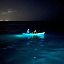 Caribbean Holidays, Puerto Rico Adventure, Travellers kayaking through calm bioluminescent waters at night in Puerto Rico, with glowing blue-green water around their paddles